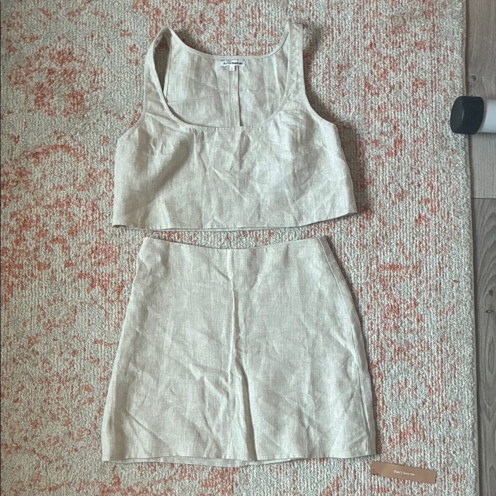 Reformation Beige Linen Mini Skirt crop top set, size 4